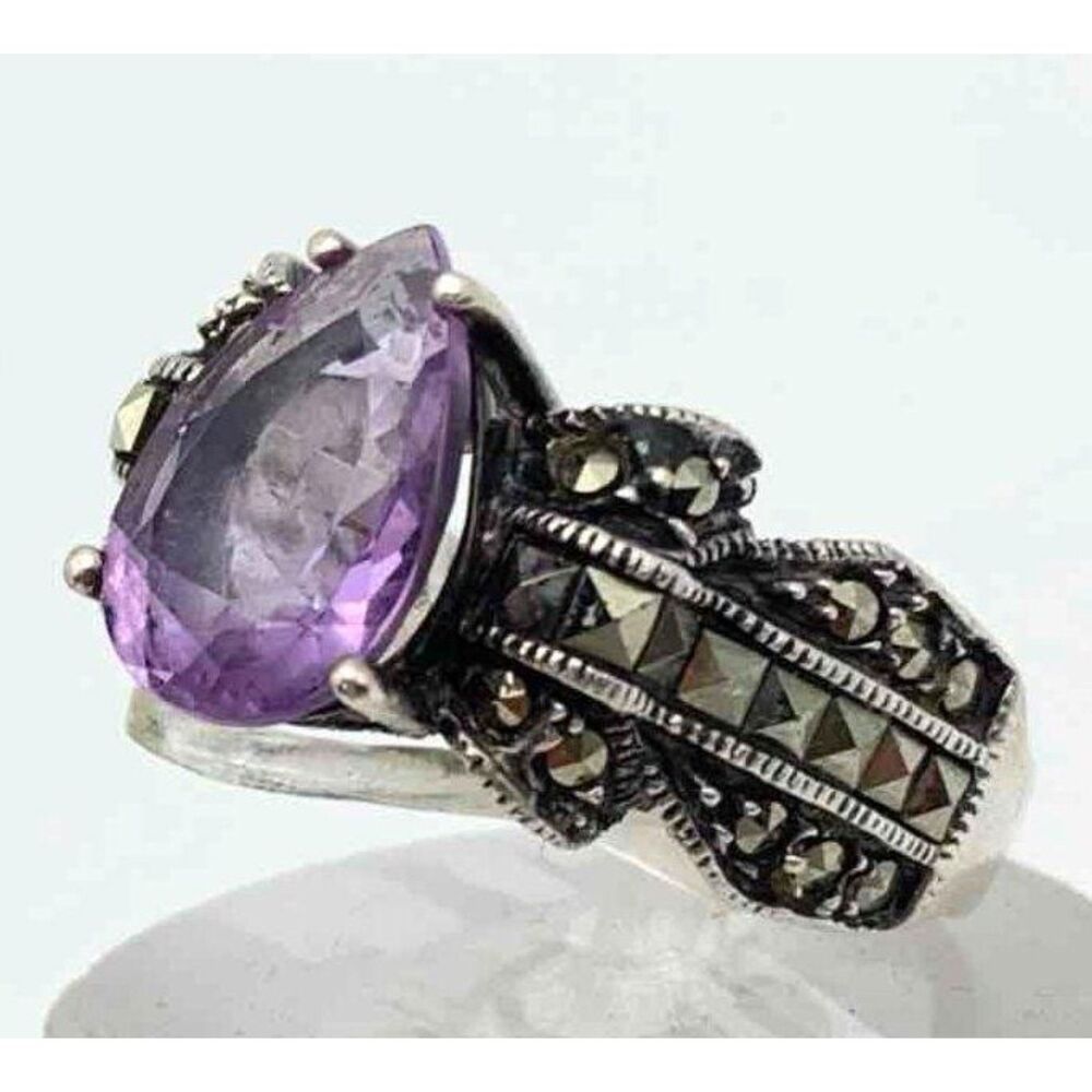 Judith Jack Ornate Sterling 925 Silver Amethyst & Marcasite Ring  Size 7